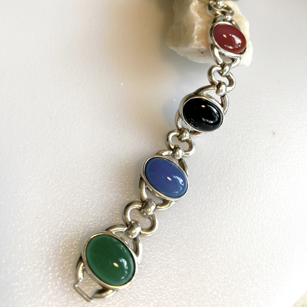 VTG-Sterling Silver 925 Multi Color Onyx, Carnelian & Chalcedony Link Bracelet - Picture 9 of 14